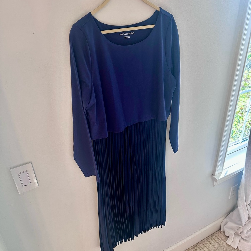 Soft Surroundings Cassandra Midi Dress Pleated Satin Skirt Navy Blue Large P - Picture 2 of 12